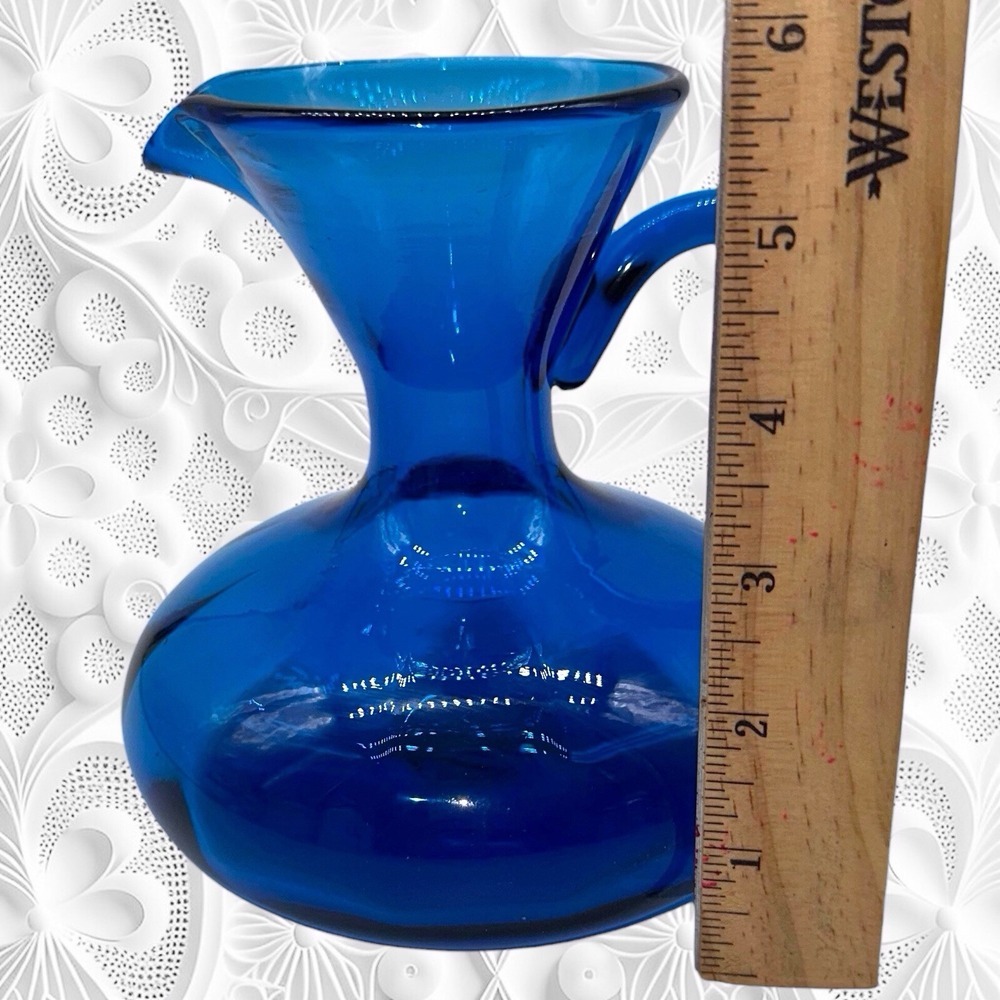 Vintage Rainbow Art Glass Co 1950s Hand Blown Pitcher Vase Optic Blue MCM 5.5" - Picture 6 of 9